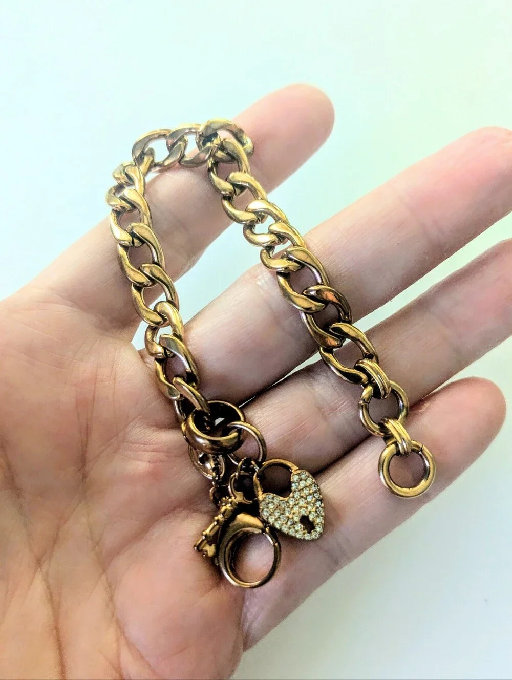 FOSSIL Rose Gold Tone  Pave Crystal Heart & Key Lock Starter Charm Bracelet